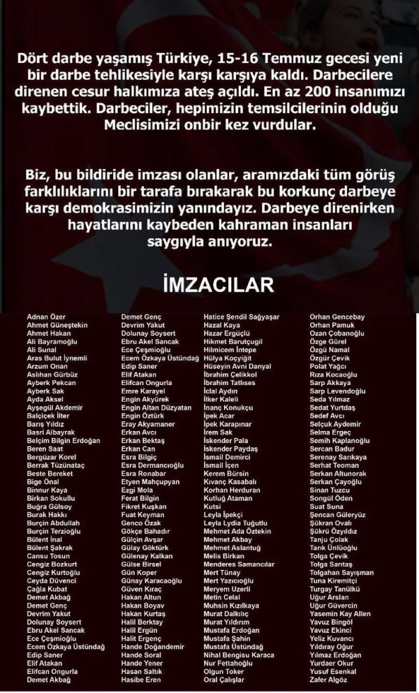 Gazeteci, sanatçı ve aydınlardan darbeye karşı ortak bildiri: Demokrasimizin yanındayız! - Resim : 1