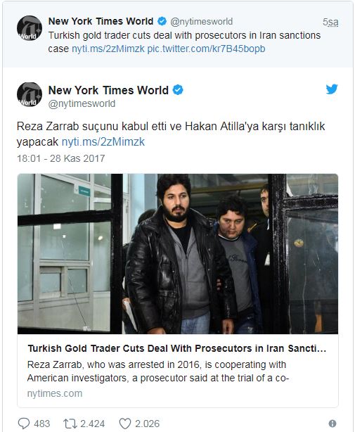 New York Times, Reza Zarrab için Türkçe tweet attı - Resim : 1