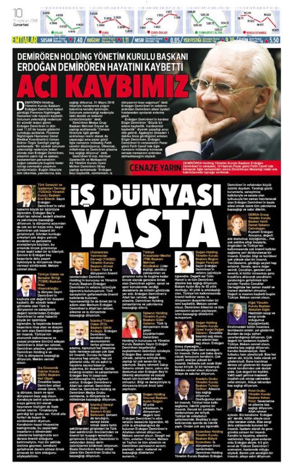 Hürriyet siyah ‘yas' logosuyla çıktı; Demirören'in 5 sayfa ayrılan vefatı nasıl verildi? - Resim : 2