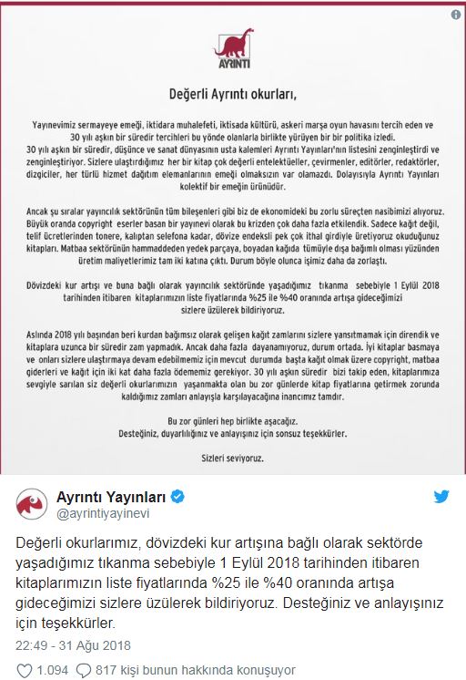 Kur krizi yayın dünyasını da vurdu: Ayrıntı Yayınları zam duyurusunda bulundu - Resim : 1