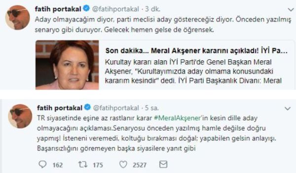 Fatih Portakal'dan çok konuşulacak 'Meral Akşener' tweeti: 'Önceden yazılmış senaryo...' - Resim : 1