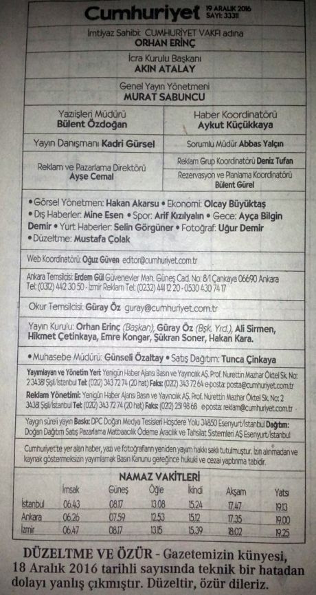 Cumhuriyet Gazetesi künyeyi düzeltti, özür diledi! - Resim : 2