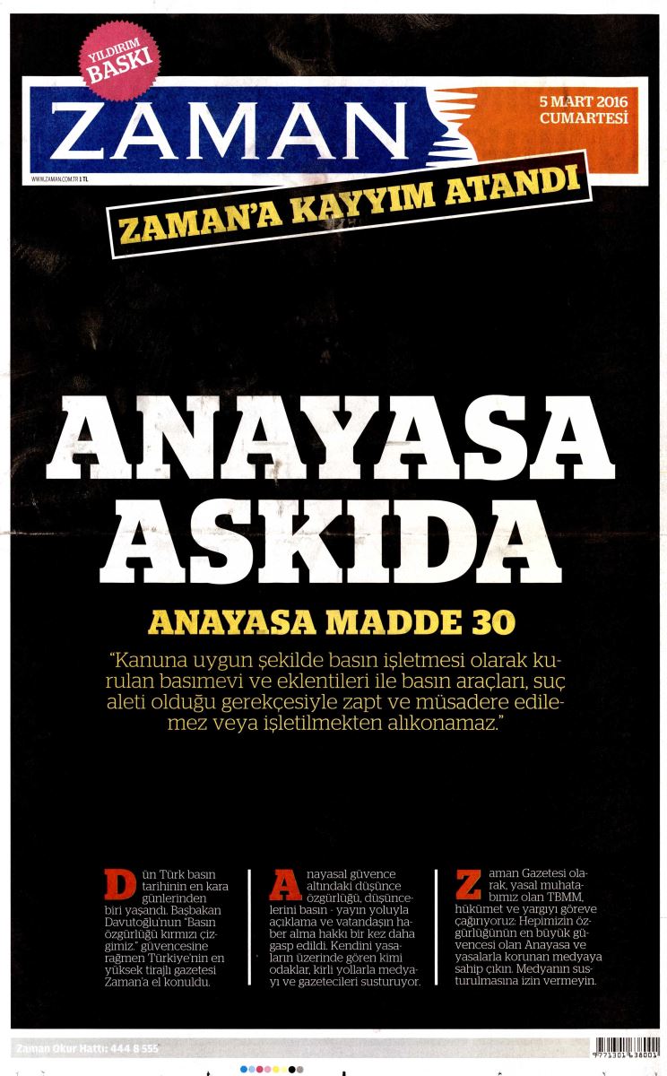 Kayyum atanan Zaman bugün bu manşetle çıktı: Anayasa askıda! - Resim : 1