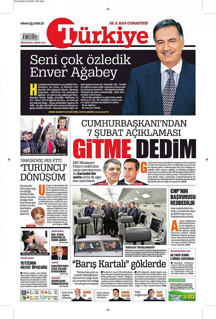 Sürmanşetten anma! Türkiye Gazetesi, Enver Ören'i unutmadı! - Resim : 1